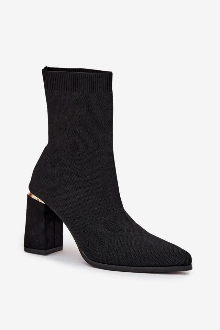 Damskie Boto Materiałowe Wsuwane Botki Damskie Na Słupku Czarne Virelle