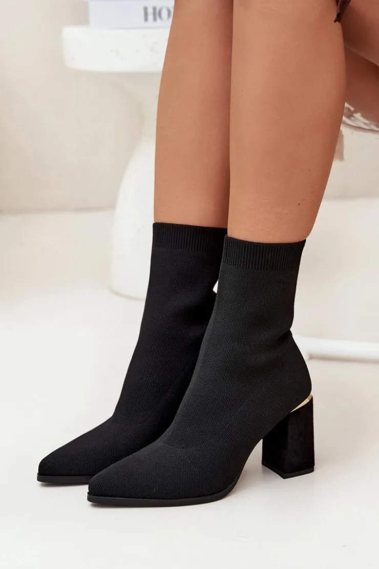 Damskie Boto Materiałowe Wsuwane Botki Damskie Na Słupku Czarne Virelle