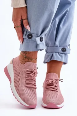 Damskie Boto Materiałowe Wsuwane Buty Sportowe Na Koturnie Różowe Visconti