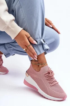 Damskie Boto Materiałowe Wsuwane Buty Sportowe Na Koturnie Różowe Visconti