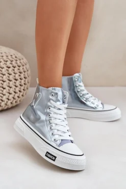 Boto Trampki Damskie Wysokie*Metaliczne Wysokie Trampki Damskie Z Serduszkiem Niebieskie Sumehra