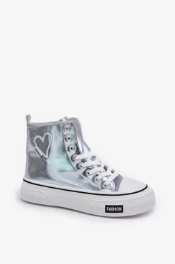 Boto Trampki Damskie Wysokie*Metaliczne Wysokie Trampki Damskie Z Serduszkiem Niebieskie Sumehra