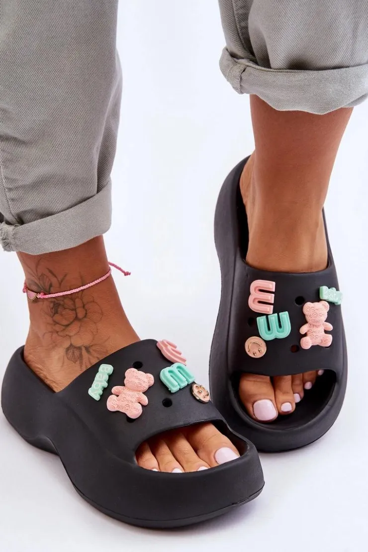 Damskie Boto Miękkie Damskie Piankowe Klapki Z Ozdobami Czarne Lorie