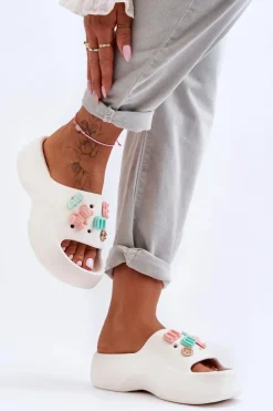 Clearance Boto Miękkie Damskie Piankowe Klapki Z Ozdobami Białe Lorie