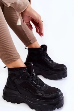 Damskie Big Star Shoes Modne Botki Trapery Memory Foam Big Star KK274371 Czarne