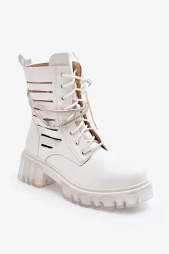 Clearance Boto Modne Botki Workery Z Ozdobnym Paseczkiem Białe Rocky