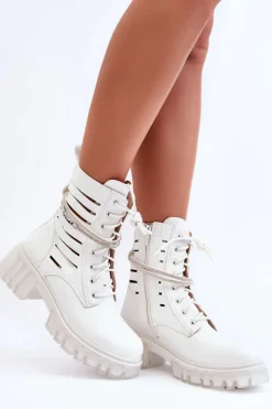 Clearance Boto Modne Botki Workery Z Ozdobnym Paseczkiem Białe Rocky