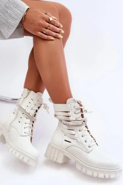 Clearance Boto Modne Botki Workery Z Ozdobnym Paseczkiem Białe Rocky
