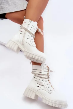 Clearance Boto Modne Botki Workery Z Ozdobnym Paseczkiem Białe Rocky