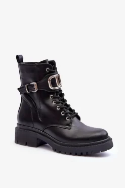 Boto Botki Sznurowane|Czarne Botki*Modne Botki Workery Z Ozdobą Czarne Ollia