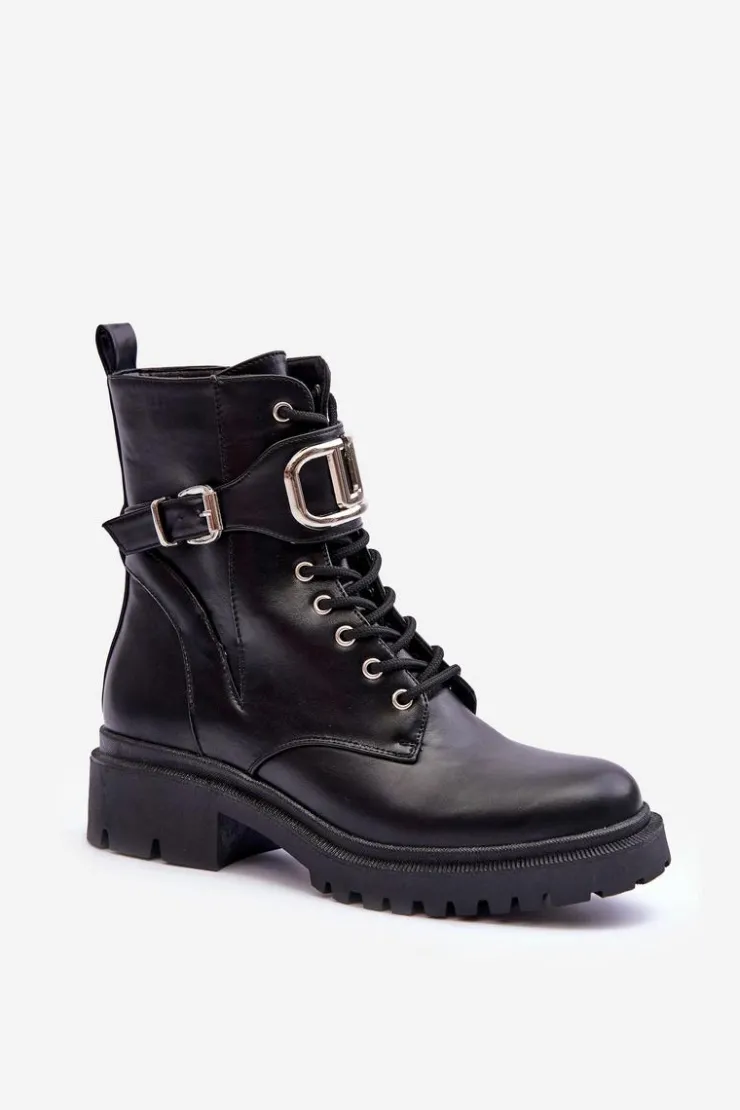 Boto Botki Sznurowane|Czarne Botki*Modne Botki Workery Z Ozdobą Czarne Ollia