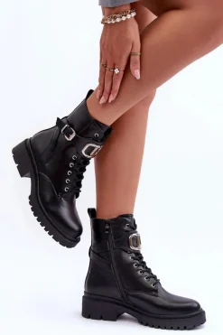 Boto Botki Sznurowane|Czarne Botki*Modne Botki Workery Z Ozdobą Czarne Ollia