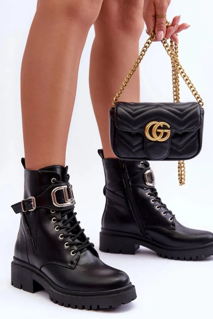 Boto Botki Sznurowane|Czarne Botki*Modne Botki Workery Z Ozdobą Czarne Ollia