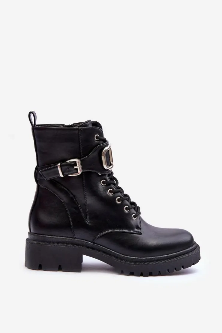 Boto Botki Sznurowane|Czarne Botki*Modne Botki Workery Z Ozdobą Czarne Ollia