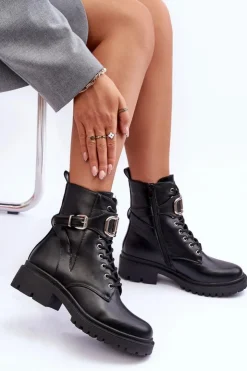 Boto Botki Sznurowane|Czarne Botki*Modne Botki Workery Z Ozdobą Czarne Ollia