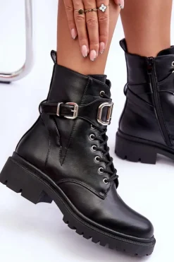 Boto Botki Sznurowane|Czarne Botki*Modne Botki Workery Z Ozdobą Czarne Ollia