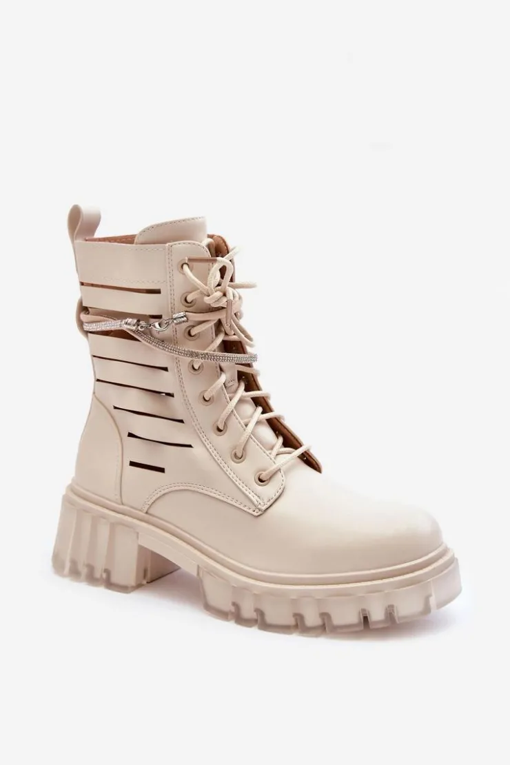 Boto Botki Wiosenne|Botki Sznurowane*Modne Botki Workery Z Ozdobnym Paseczkiem Beżowe Rocky Beżowy