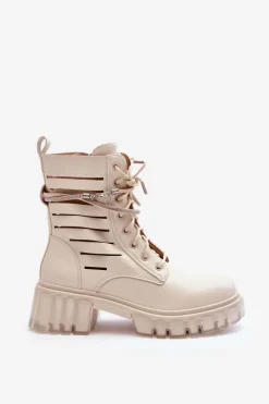 Boto Botki Wiosenne|Botki Sznurowane*Modne Botki Workery Z Ozdobnym Paseczkiem Beżowe Rocky Beżowy