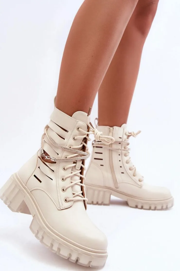 Boto Botki Wiosenne|Botki Sznurowane*Modne Botki Workery Z Ozdobnym Paseczkiem Beżowe Rocky Beżowy