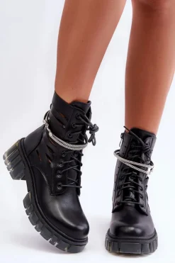 Damskie Boto Modne Botki Workery Z Ozdobnym Paseczkiem Czarne Rocky