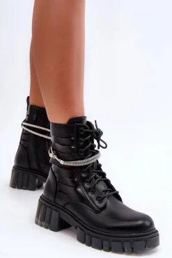 Damskie Boto Modne Botki Workery Z Ozdobnym Paseczkiem Czarne Rocky