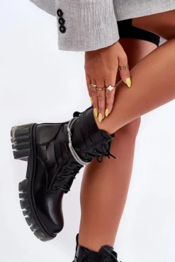 Damskie Boto Modne Botki Workery Z Ozdobnym Paseczkiem Czarne Rocky