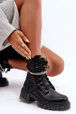 Damskie Boto Modne Botki Workery Z Ozdobnym Paseczkiem Czarne Rocky