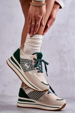 Damskie Boto Modne Buty Sportowe Damskie Na Koturnie Beżowo-Zielone Aronne
