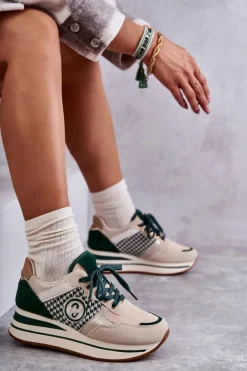 Damskie Boto Modne Buty Sportowe Damskie Na Koturnie Beżowo-Zielone Aronne