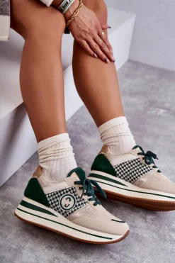 Damskie Boto Modne Buty Sportowe Damskie Na Koturnie Beżowo-Zielone Aronne