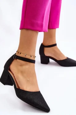 Boto Czółenka Na Słupku|Czółenka Klasyczne*Modne Błyszczące Czółenka Na Niskim Obcasie Czarne Leilany