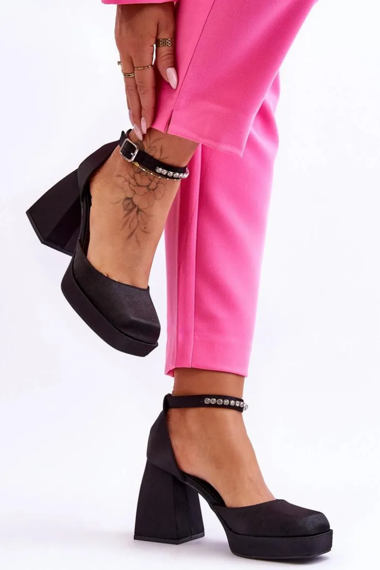 Boto Czółenka Na Platformie|Czółenka Na Słupku*Modne Czółenka Na Masywnym Obcasie Z Cyrkoniami Czarne Adel