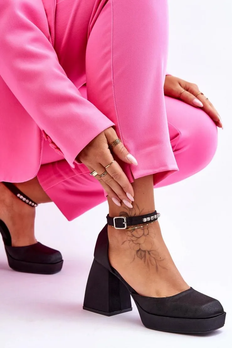 Boto Czółenka Na Platformie|Czółenka Na Słupku*Modne Czółenka Na Masywnym Obcasie Z Cyrkoniami Czarne Adel