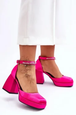 Hot Boto Modne Czółenka Na Masywnym Obcasie Z Cyrkoniami Fuksja Adel