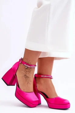Hot Boto Modne Czółenka Na Masywnym Obcasie Z Cyrkoniami Fuksja Adel