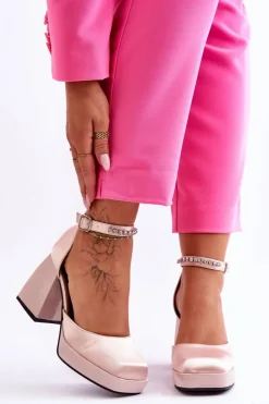 Damskie Boto Modne Czółenka Na Masywnym Obcasie Z Cyrkoniami Beżowe Adel