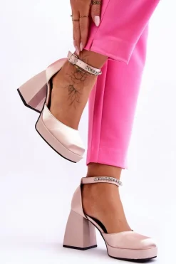 Damskie Boto Modne Czółenka Na Masywnym Obcasie Z Cyrkoniami Beżowe Adel