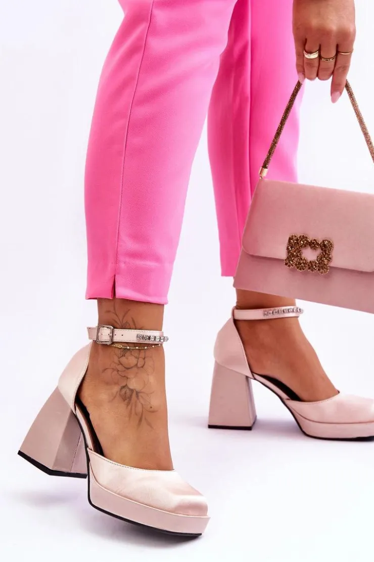 Damskie Boto Modne Czółenka Na Masywnym Obcasie Z Cyrkoniami Beżowe Adel