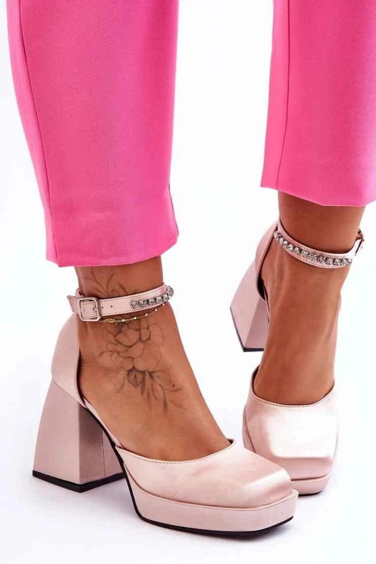 Damskie Boto Modne Czółenka Na Masywnym Obcasie Z Cyrkoniami Beżowe Adel