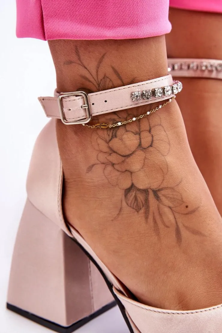 Damskie Boto Modne Czółenka Na Masywnym Obcasie Z Cyrkoniami Beżowe Adel