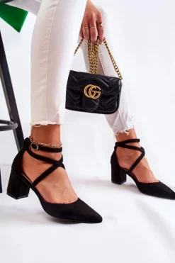 Boto Czółenka Zamszowe|Czółenka Na Słupku*Modne Czółenka Na Niskim Słupku Czarne Crissa