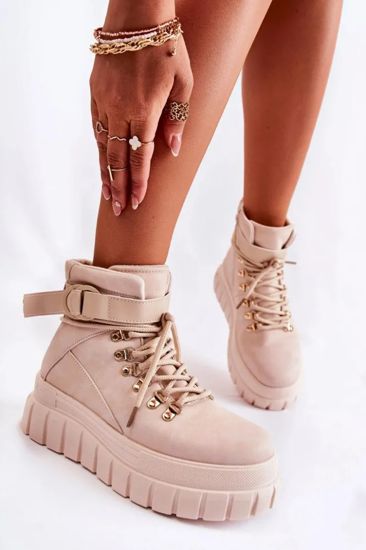 Boto Botki Zimowe Damskie|Brązowe I Beżowe Botki*Modne Damskie Botki Na Platformie Z Paskiem Jasnobeżowe La Blanca