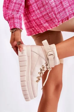 Boto Botki Zimowe Damskie|Brązowe I Beżowe Botki*Modne Damskie Botki Na Platformie Z Paskiem Jasnobeżowe La Blanca