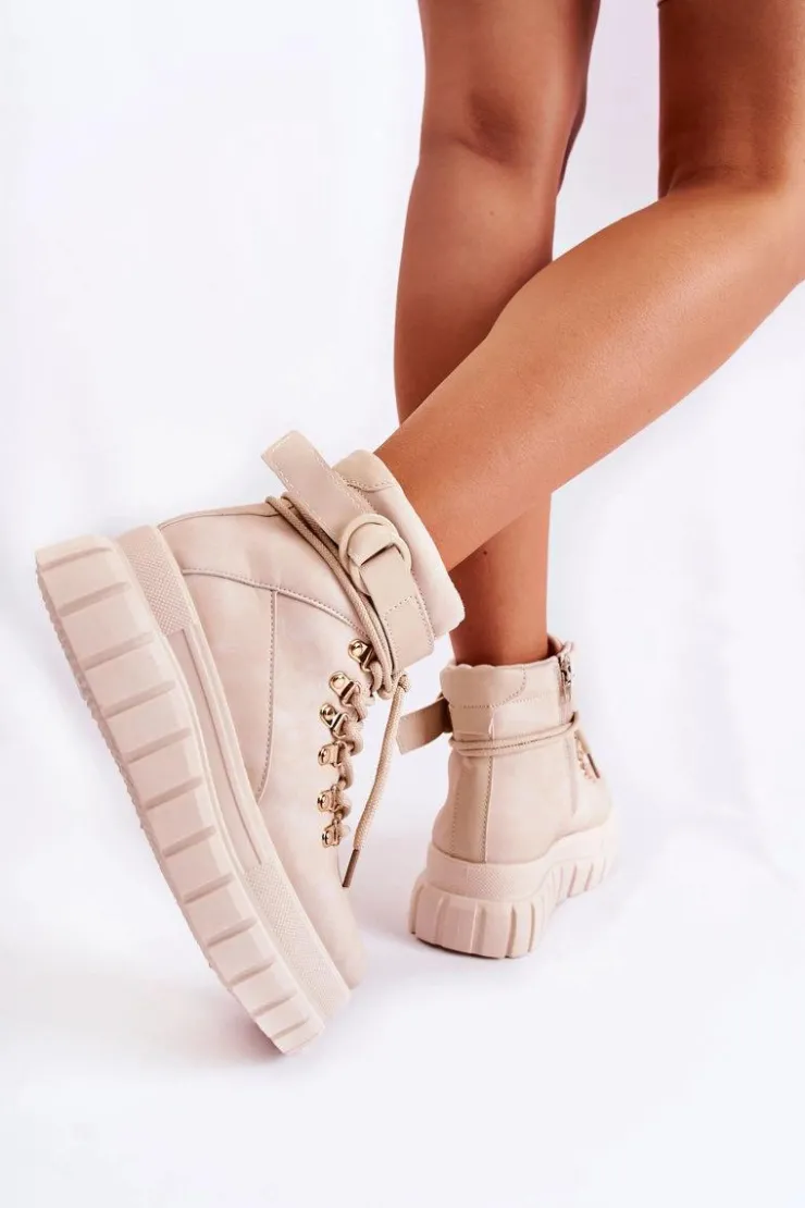 Boto Botki Zimowe Damskie|Brązowe I Beżowe Botki*Modne Damskie Botki Na Platformie Z Paskiem Jasnobeżowe La Blanca