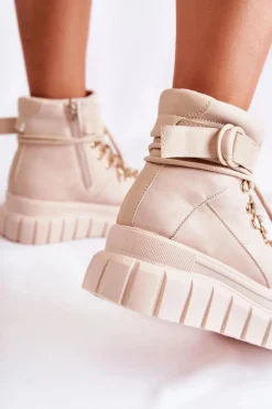 Boto Botki Zimowe Damskie|Brązowe I Beżowe Botki*Modne Damskie Botki Na Platformie Z Paskiem Jasnobeżowe La Blanca
