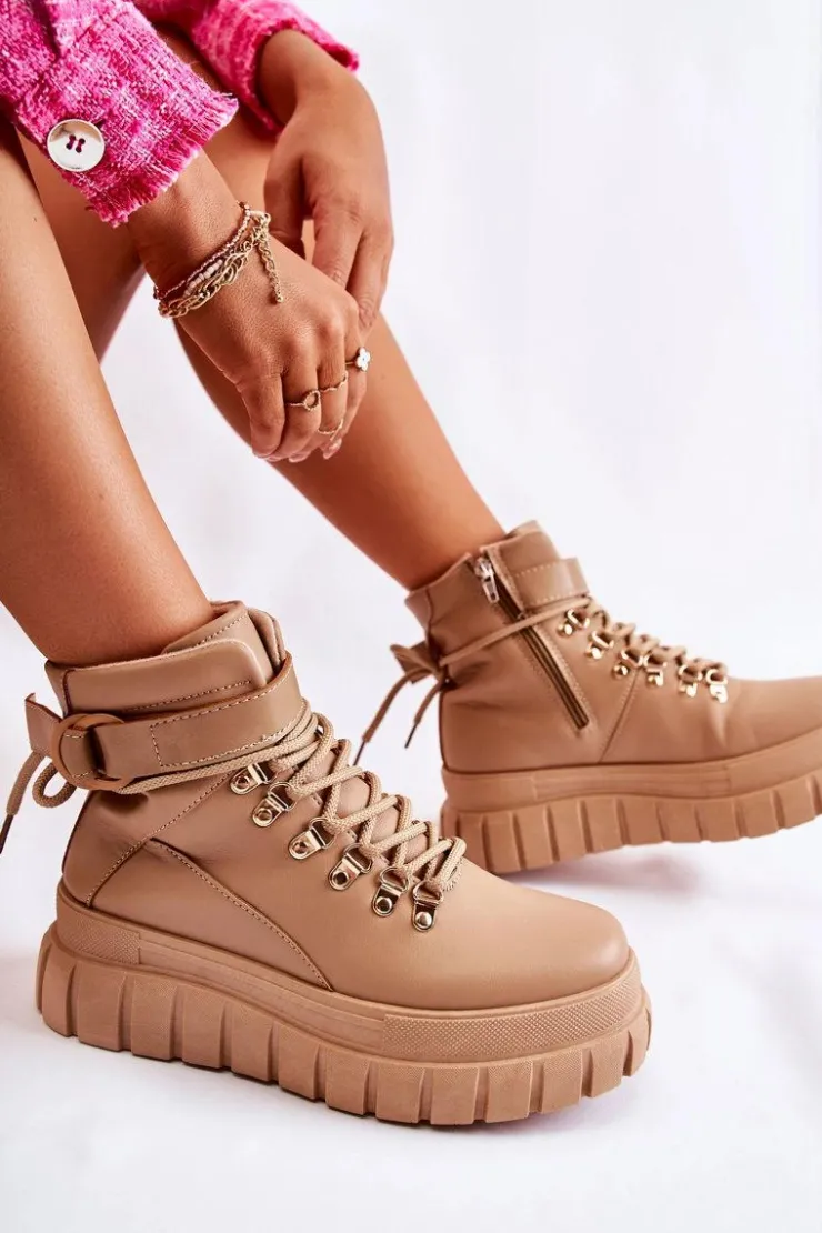 Sale Boto Modne Damskie Botki Na Platformie Z Paskiem Beżowe La Blanca