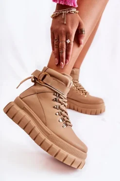 Sale Boto Modne Damskie Botki Na Platformie Z Paskiem Beżowe La Blanca