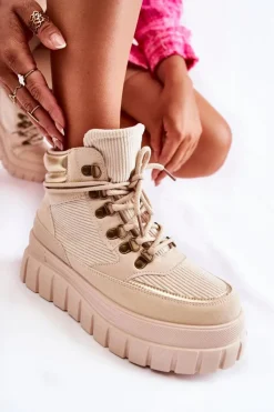 Damskie Boto Modne Damskie Botki Na Platformie Beżowe Magnific