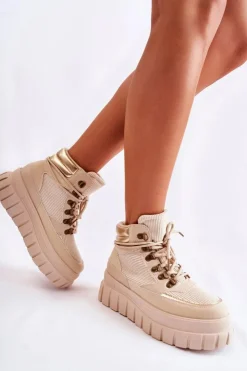 Damskie Boto Modne Damskie Botki Na Platformie Beżowe Magnific