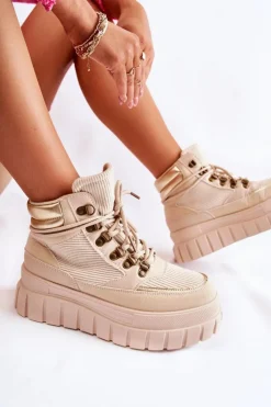 Damskie Boto Modne Damskie Botki Na Platformie Beżowe Magnific